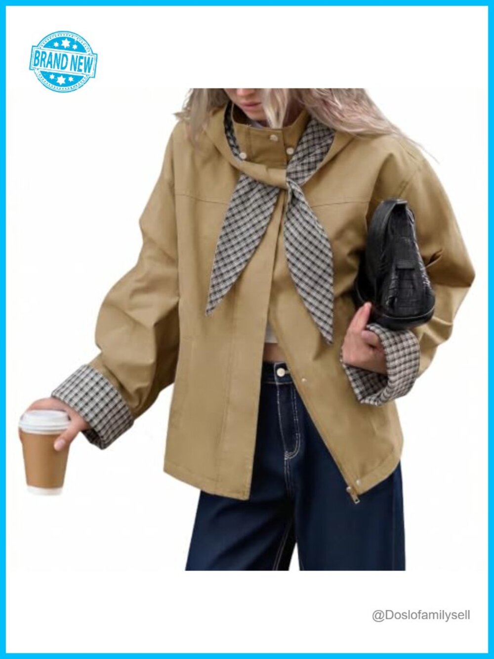 Cropped Trench Coat Plaid Detachable Hood Zip Snap Lightweight Oversized